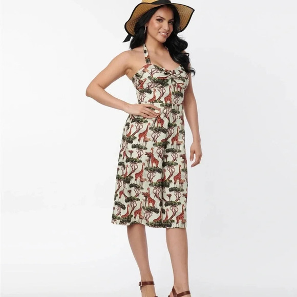 Unique Vintage Pants - NWOT Unique Vintage 1970s Giraffe Print Halter Jumpsuit